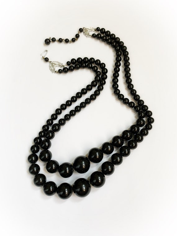 Vintage Japan Double Strand Black Plastic Bead Ne… - image 5