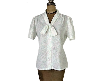 Vintage 1980s Alicia Petites White Bow Blouse