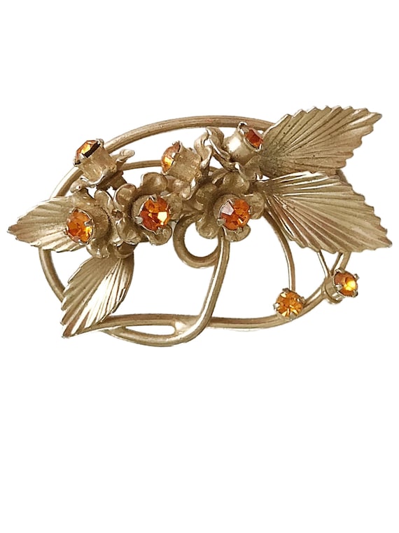 Broche Vintage Strass Orange - Modèle Bouquet Rétro - Bijou Fantaisie