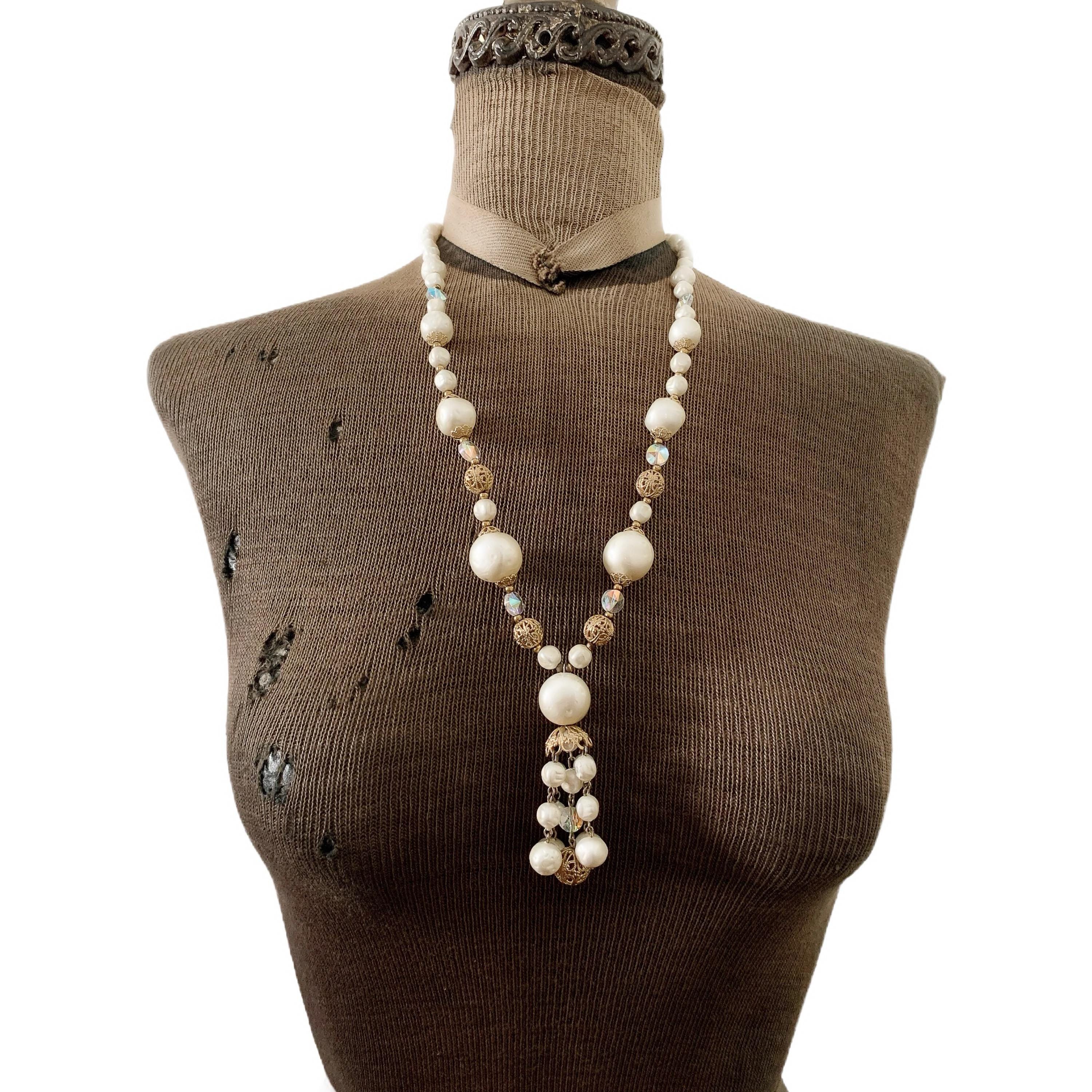 Collier Vintage à Pampilles Et Perles - Noir Et Argent Vieilli - Réf. 3854 - Occasion