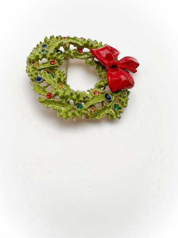 Vintage Christmas Wreath Brooch Green and Red Pai… - image 3