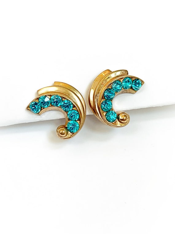 Vintage Coro Aqua Blue Rhinestone and Gold Tone M… - image 1