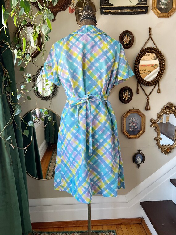 blue and yellow plaid dress Vintage 1960s Amy Adams Plaid House Dress Blue White Yellow Green and  Purple With Original Belt