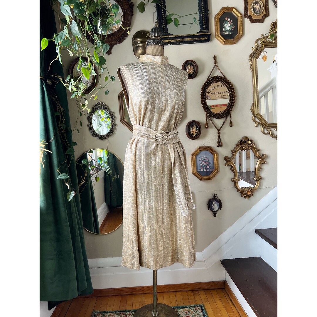 Vintage 1960s Gold and Silver Tinsel Lurex Sleeveless Dress With Belt