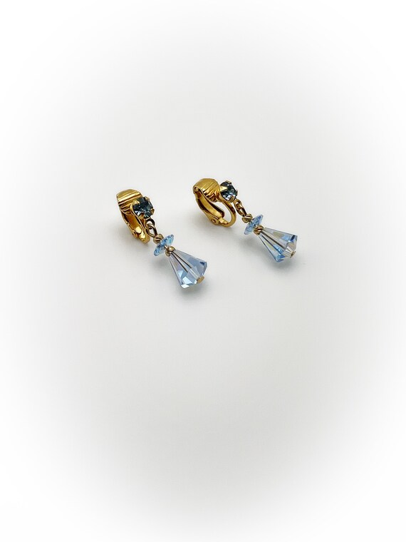 Vintage Light Blue Rhinestone Clip On Earrings wi… - image 6