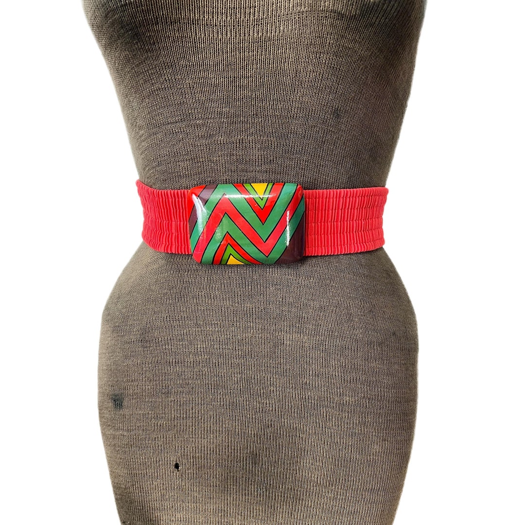 Vintage 1990s Red Elastic Belt With Rectangle Zig Zag Pattern Yellow ...