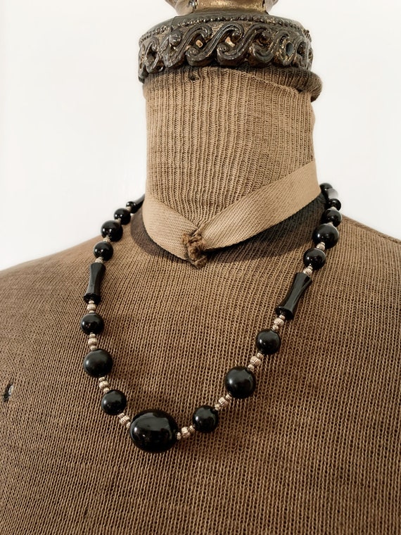 Vintage Black and Silver Plastic Beaded Necklace - image 1
