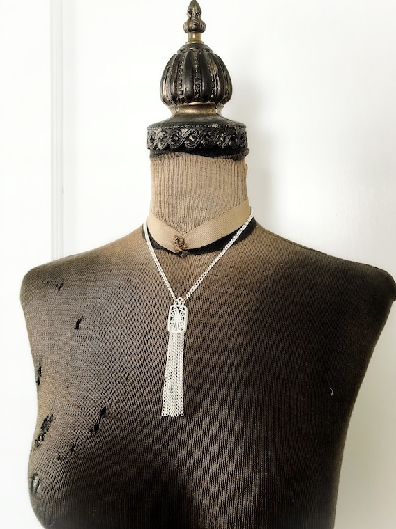 Vintage White Enamel Tassel Necklace - image 1