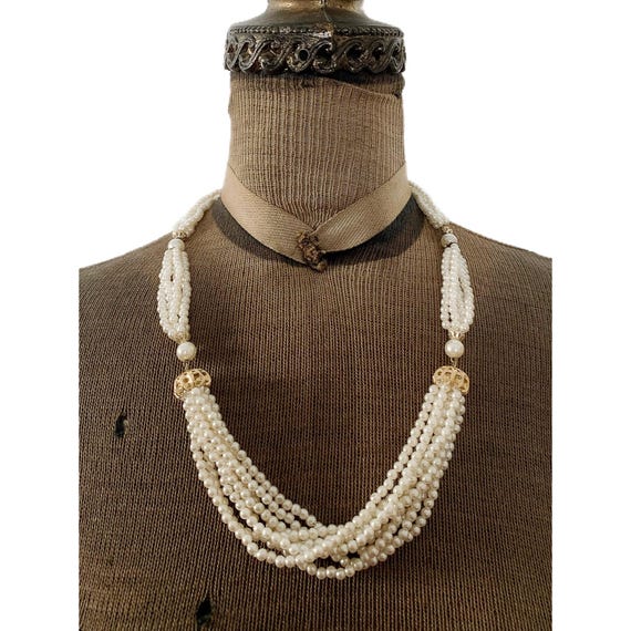 Collier Vintage Années 70 - 12 Rangs De Petites Perles Couleur Or - Occasion