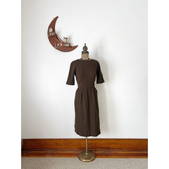 Vintage 1950s or Early 1960s Brown Wool Dress wit… - image 1