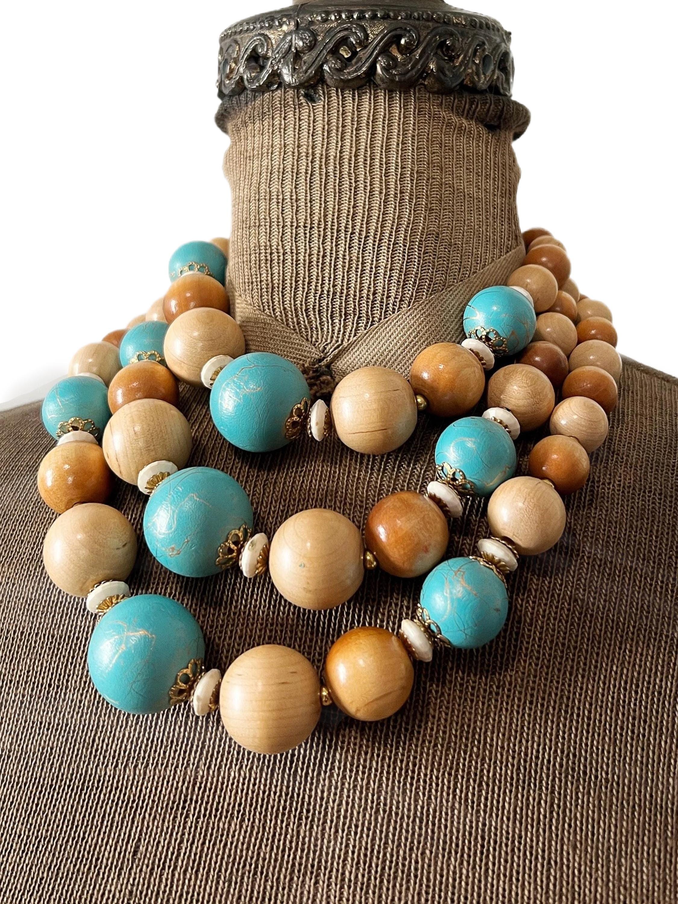 Vintage Wooden Bead Triple Strand Choker Necklace - Etsy