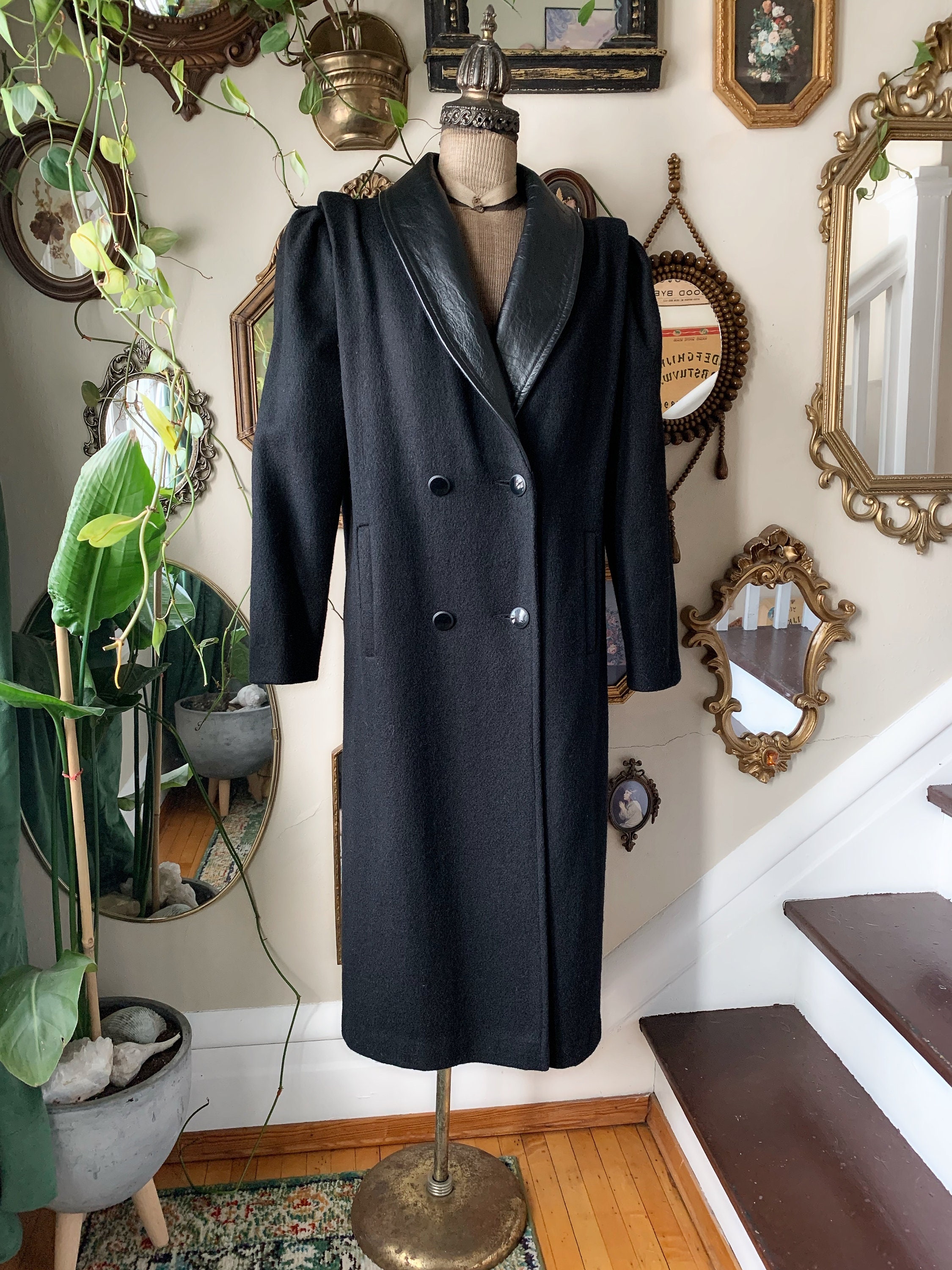 Vintage 1980s Jofeld USA Black Wool Coat With Leather Trim Vintage 1980s Jofeld USA Black Wool Coat With Leather Trim