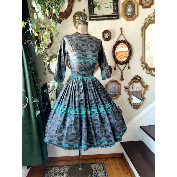 Vintage 1950s Jonathon Logan Gray Black Green and Blue Dress