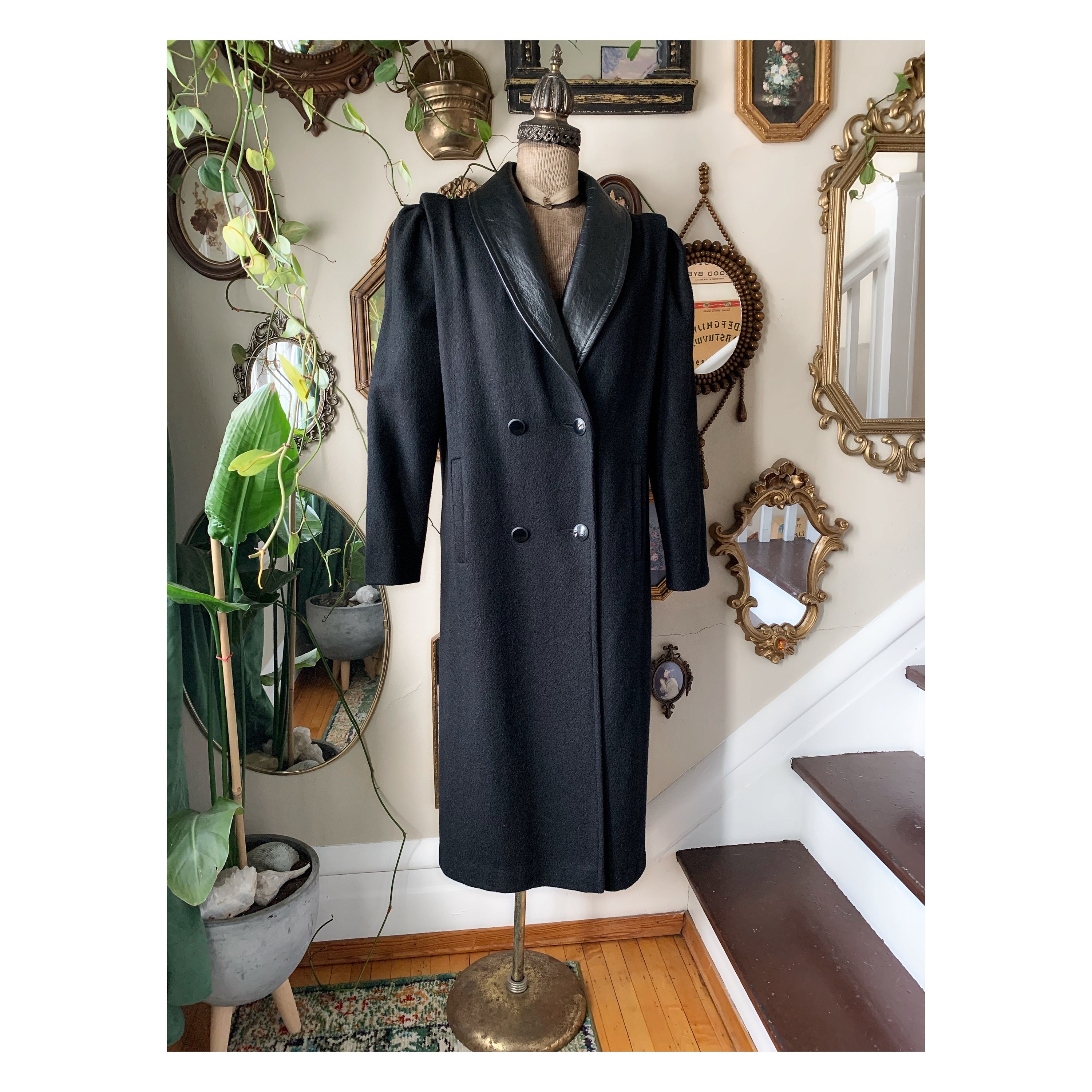 Vintage 1980s Jofeld USA Black Wool Coat With Leather Trim Vintage 1980s Jofeld USA Black Wool Coat With Leather Trim