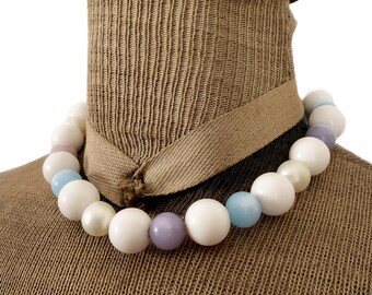Vintage White Blue and Purple Plastic Bead Choker Necklace