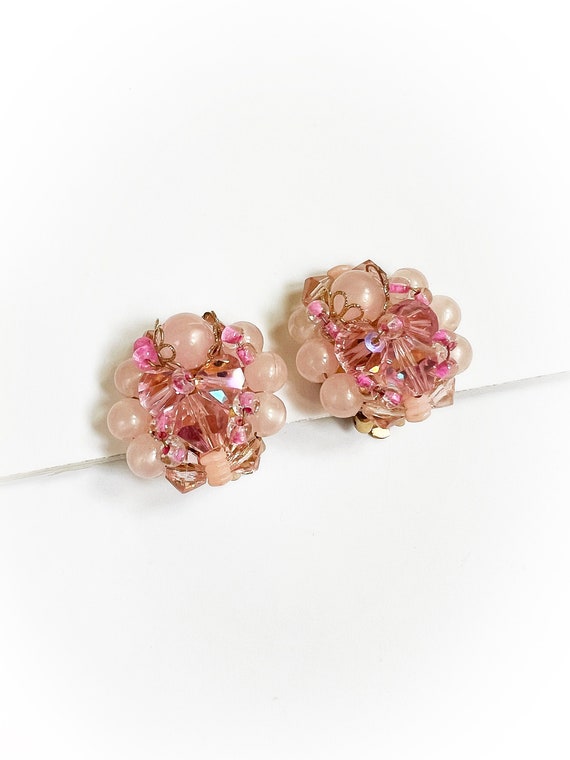 Vintage Pink Plastic Cluster Bead Clip On Earrings
