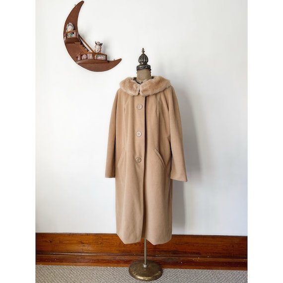 Vintage Camel Colored Coat with Faux Fur Trim Col… - image 1