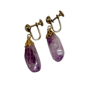 Vintage Tumbled Amethyst Stone Dangle Screw Back Earrings