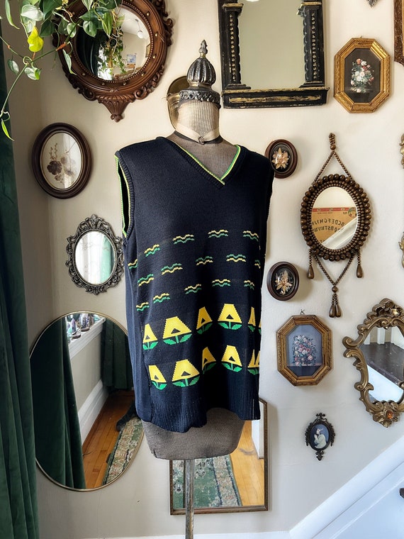 Vintage 1970s Black Vest with Green and Yellow Geo