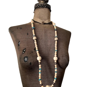 Vintage Southwest Wood Metal and Faux Turquoise Glass Beaded Necklace