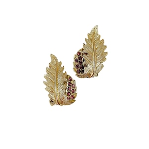Vintage Gold Tone Metal Leaf Clip On Earrings with Purple Rhinestones