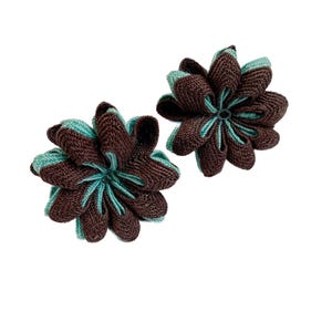 Vintage 1940s War Era Ribbon Flower Screw Back Earrings Blue and Brown