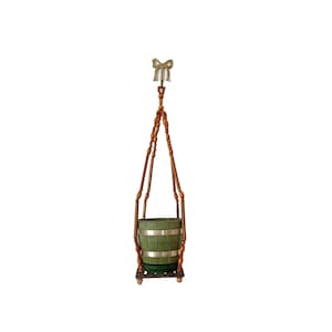 Vintage 1970s Wooden Bead Plant Hanger with Avocado Green Plastic Barrel Rubbermaid Planter