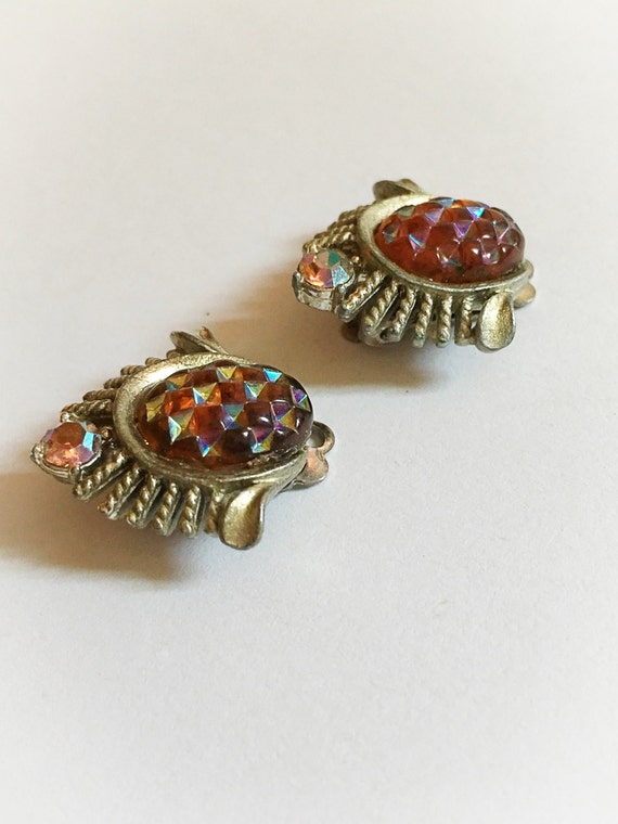 Vintage Coro Amber Iridescent Rhinestone Earrings… - image 2