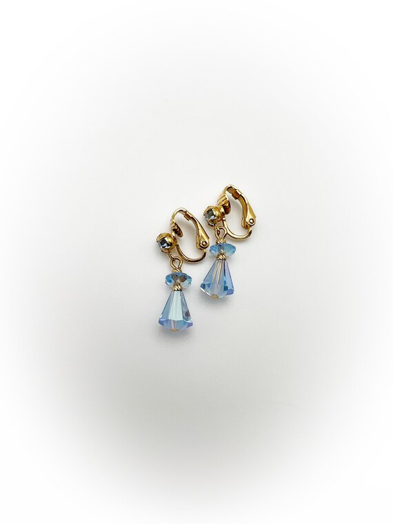 Vintage Light Blue Rhinestone Clip On Earrings wi… - image 1