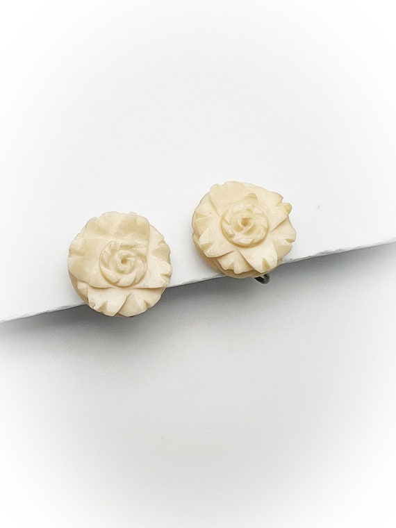 Vintage Carved Bone Flower Screw Back Earrings