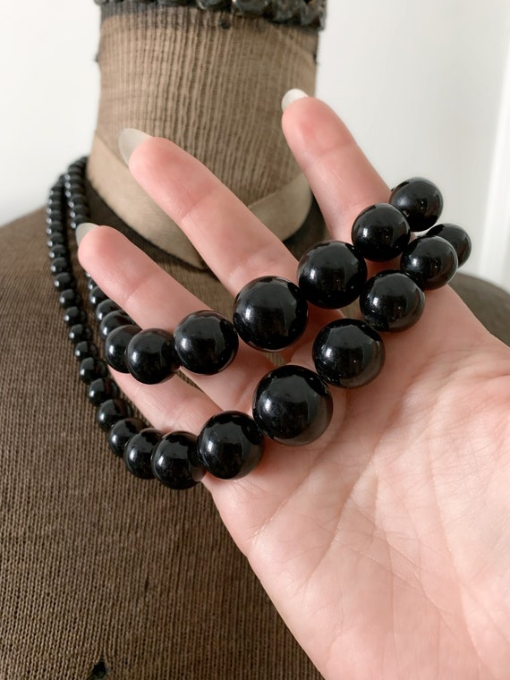 Vintage Japan Double Strand Black Plastic Bead Ne… - image 4