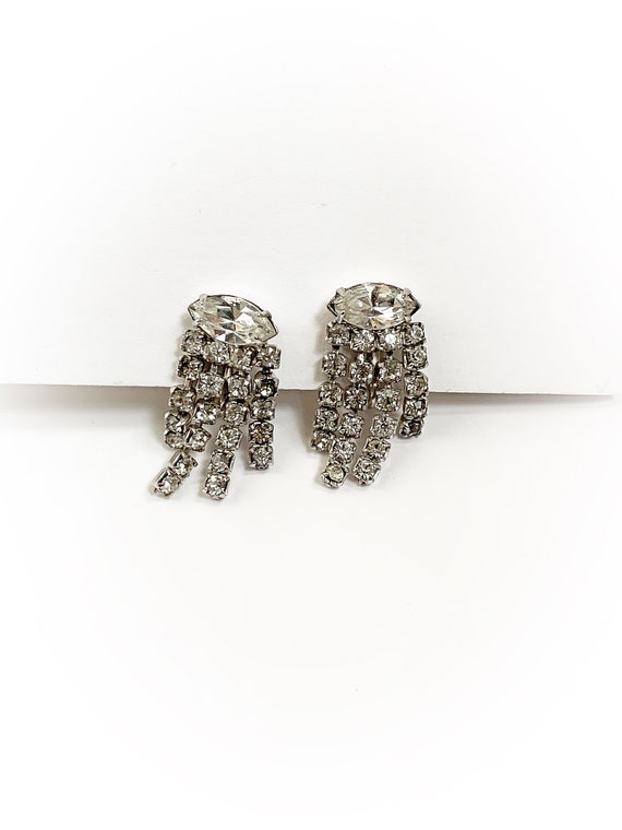 Vintage Rhinestone Eye Tassel Screw Back Earrings - image 1