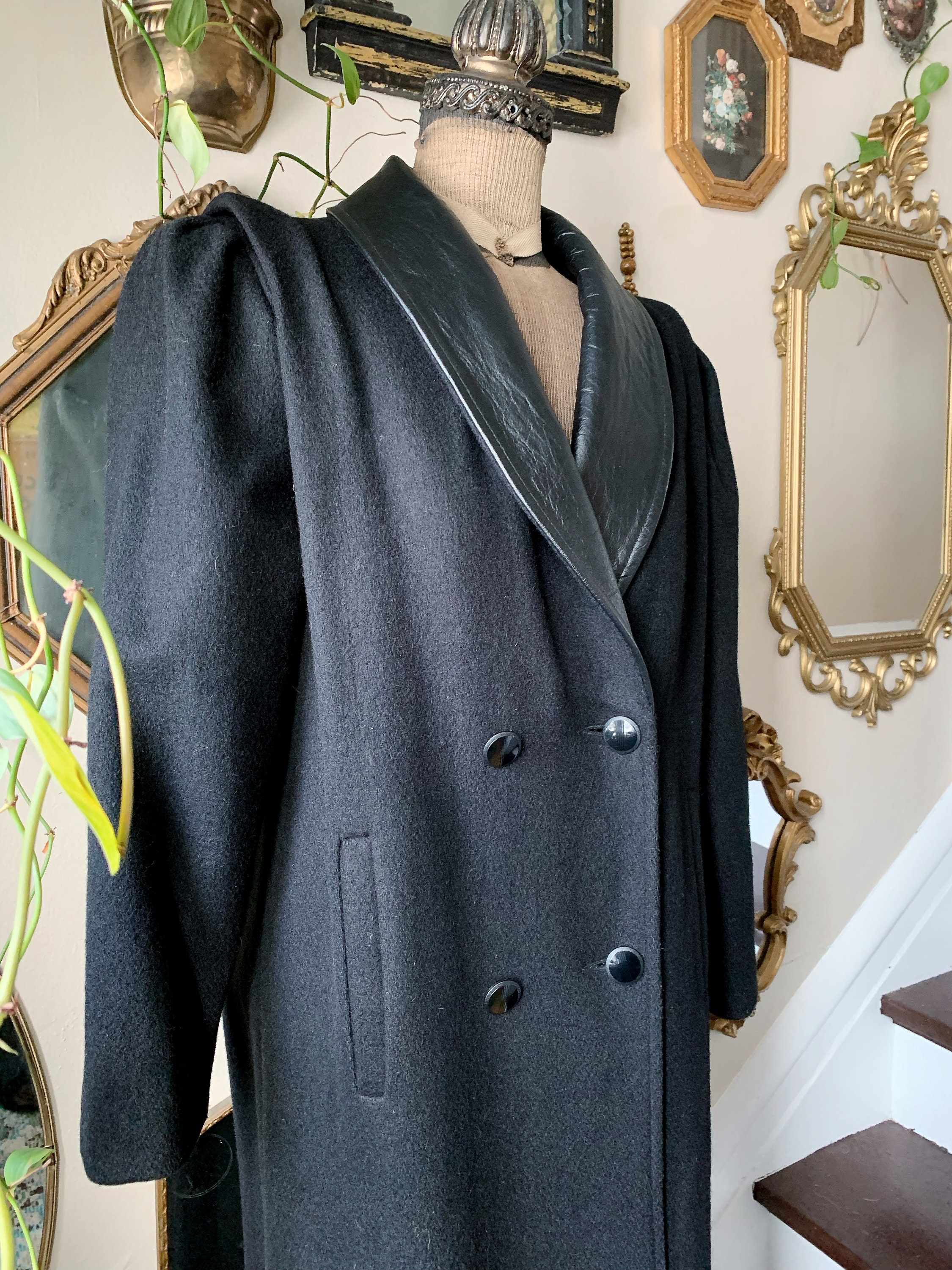 Vintage 1980s Jofeld USA Black Wool Coat With Leather Trim Vintage 1980s Jofeld USA Black Wool Coat With Leather Trim