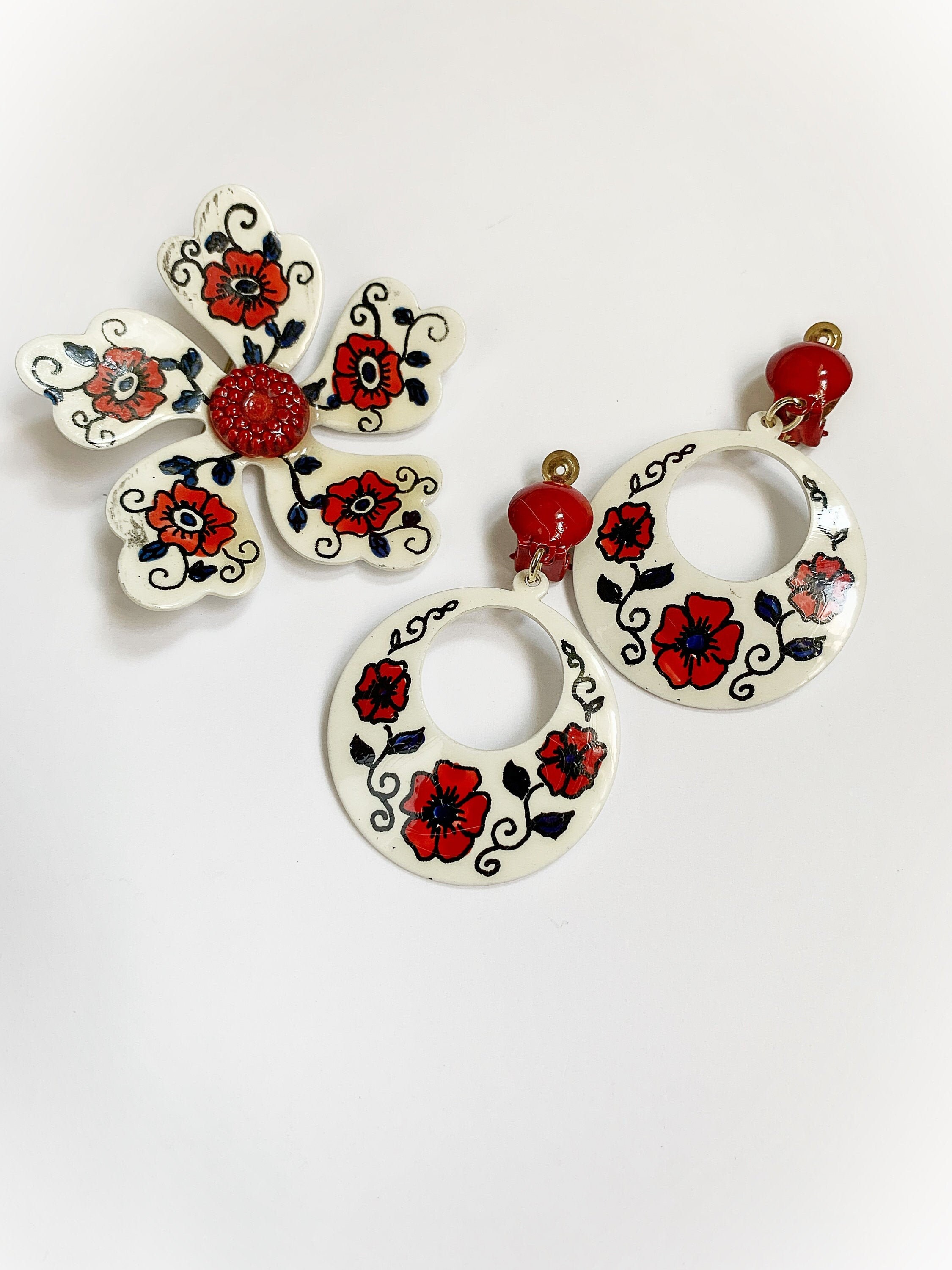 Vintage West Germany Flower Jewelry Set Red White Black Blue Etsy