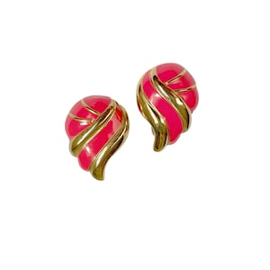 Boucles d&#39;oreilles clip en forme de larme vintage en émail rose fuchsia et métal doré