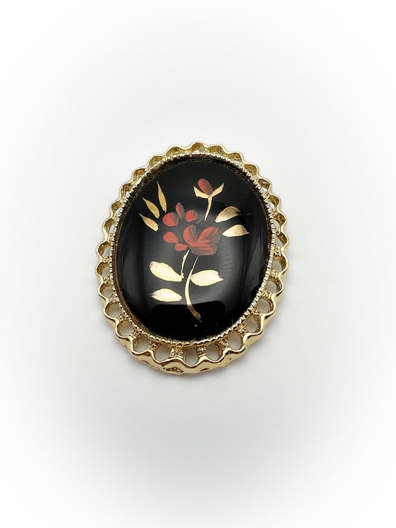 Vintage Black Oval Cabochon Brooch in Gold Tone M… - image 1