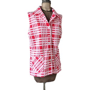 Vintage 1970s Pykettes Sleeveless Red and White Polyester Blouse