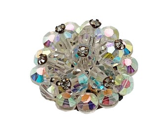 Vintage Aurora Borealis Beaded Brooch with Rhinestones