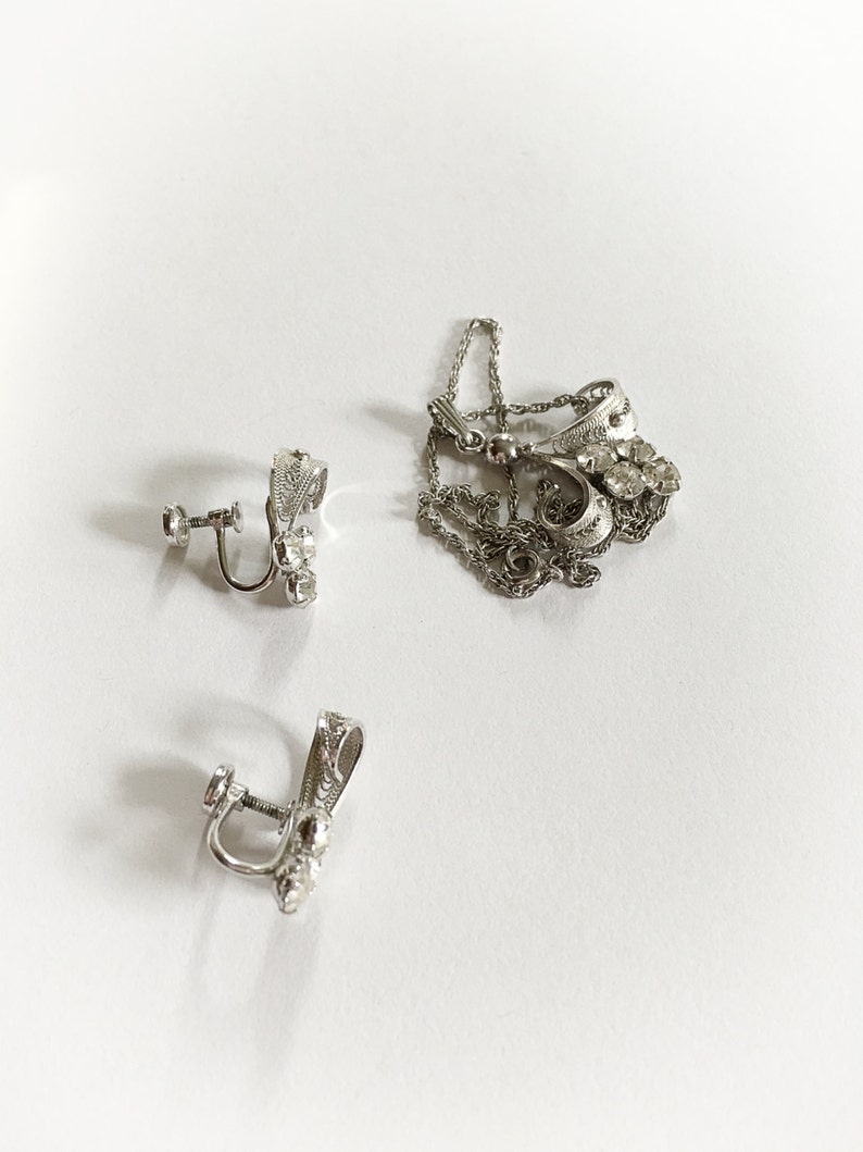 Vintage Sorrento Sterling Silver and Rhinestone Necklace and Screw Back Earrings Jewelry Set