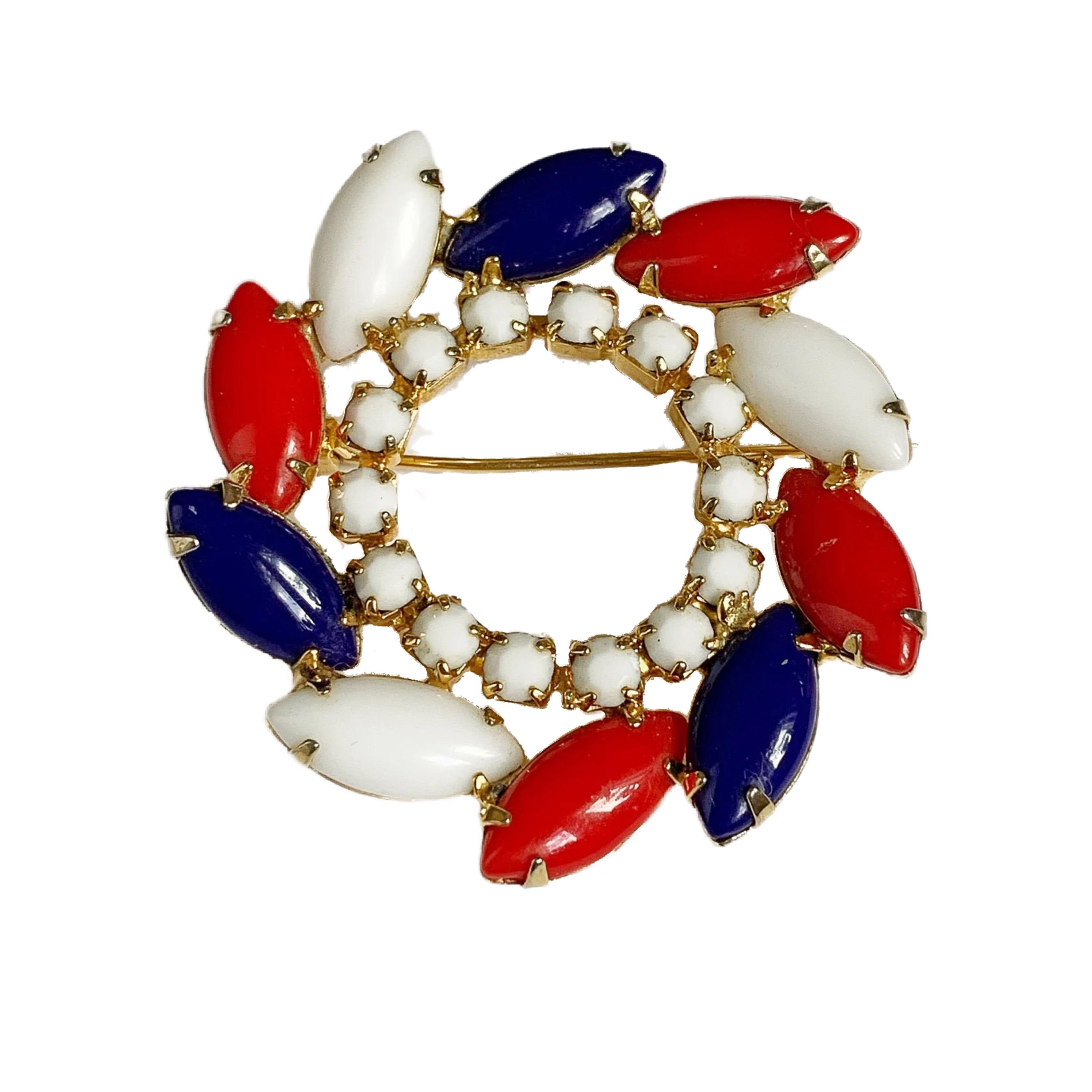 Vintage Red White and Blue Glass Cabochon Circle Brooch - Etsy