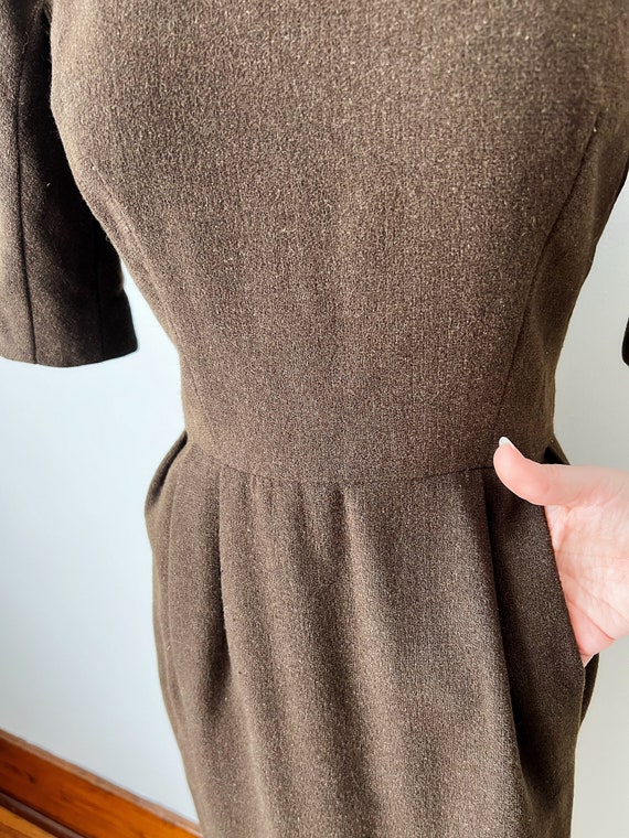 Vintage 1950s or Early 1960s Brown Wool Dress wit… - image 5