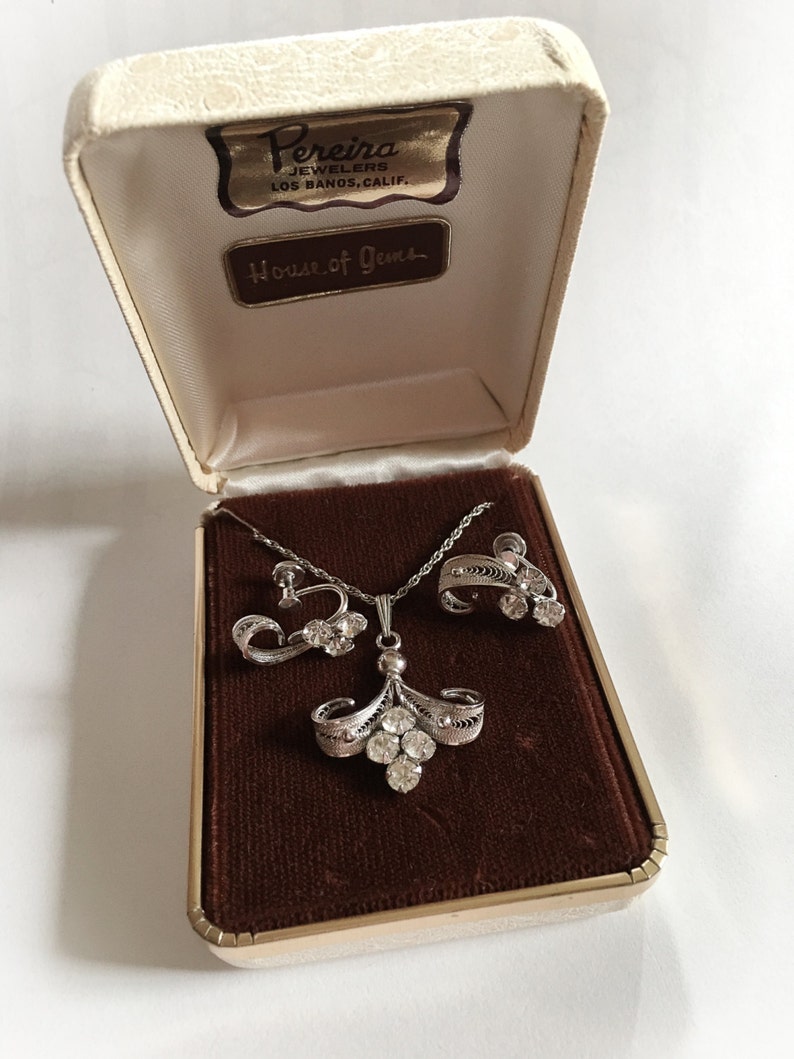 Vintage Sorrento Sterling Silver and Rhinestone Necklace and Screw Back Earrings Jewelry Set