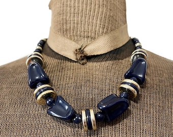 Vintage 1980s Navy Blue and Gold Colored Plastic Beaded Necklace