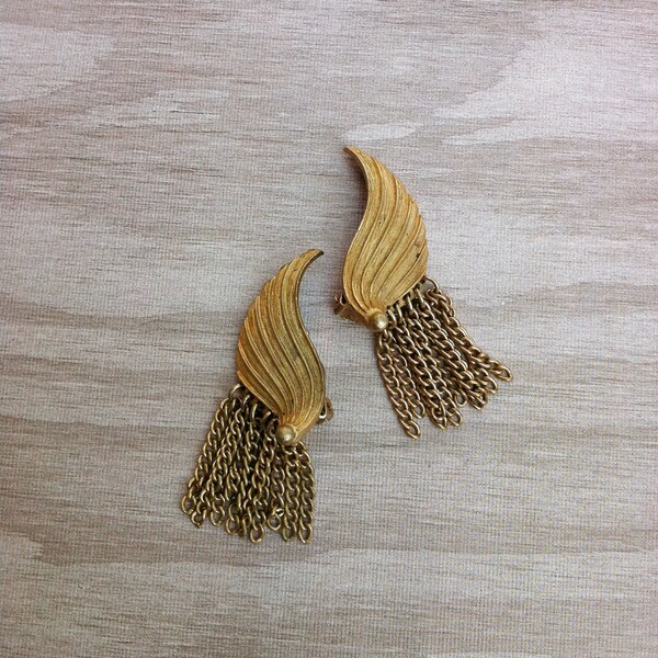 Vintage Gold Tone Metal Wings Earrings with Dangle Chains