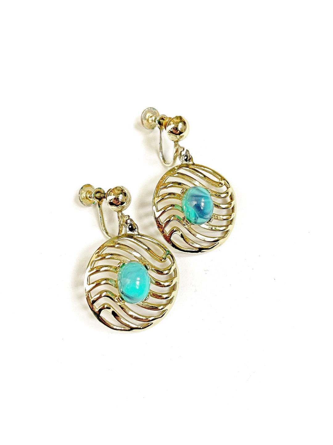 Boucles D'oreilles Vintage Métal Doré Avec Perle Turquoise - Clips, Référence Bj036724
