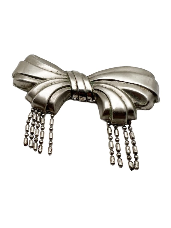 Vintage Bow Brooch  Silver Tone Metal with Tassels