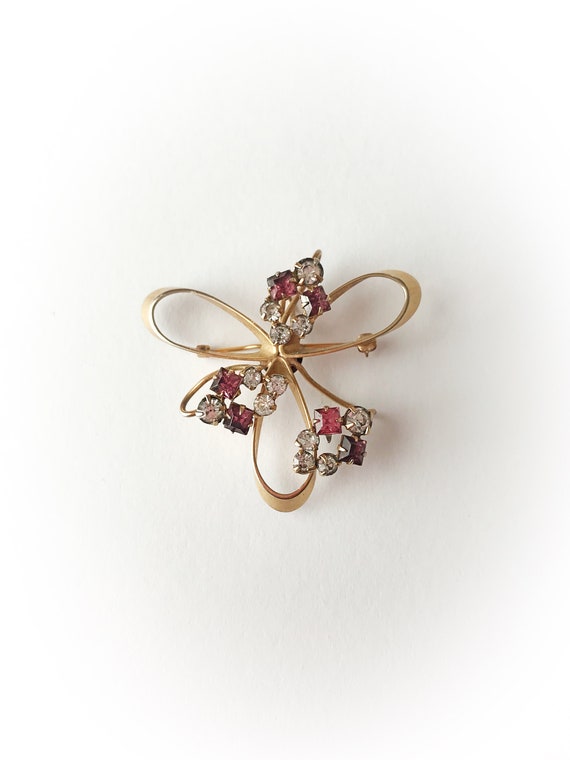 Vintage Pink and White Rhinestone Brooch Gold Ton… - image 1
