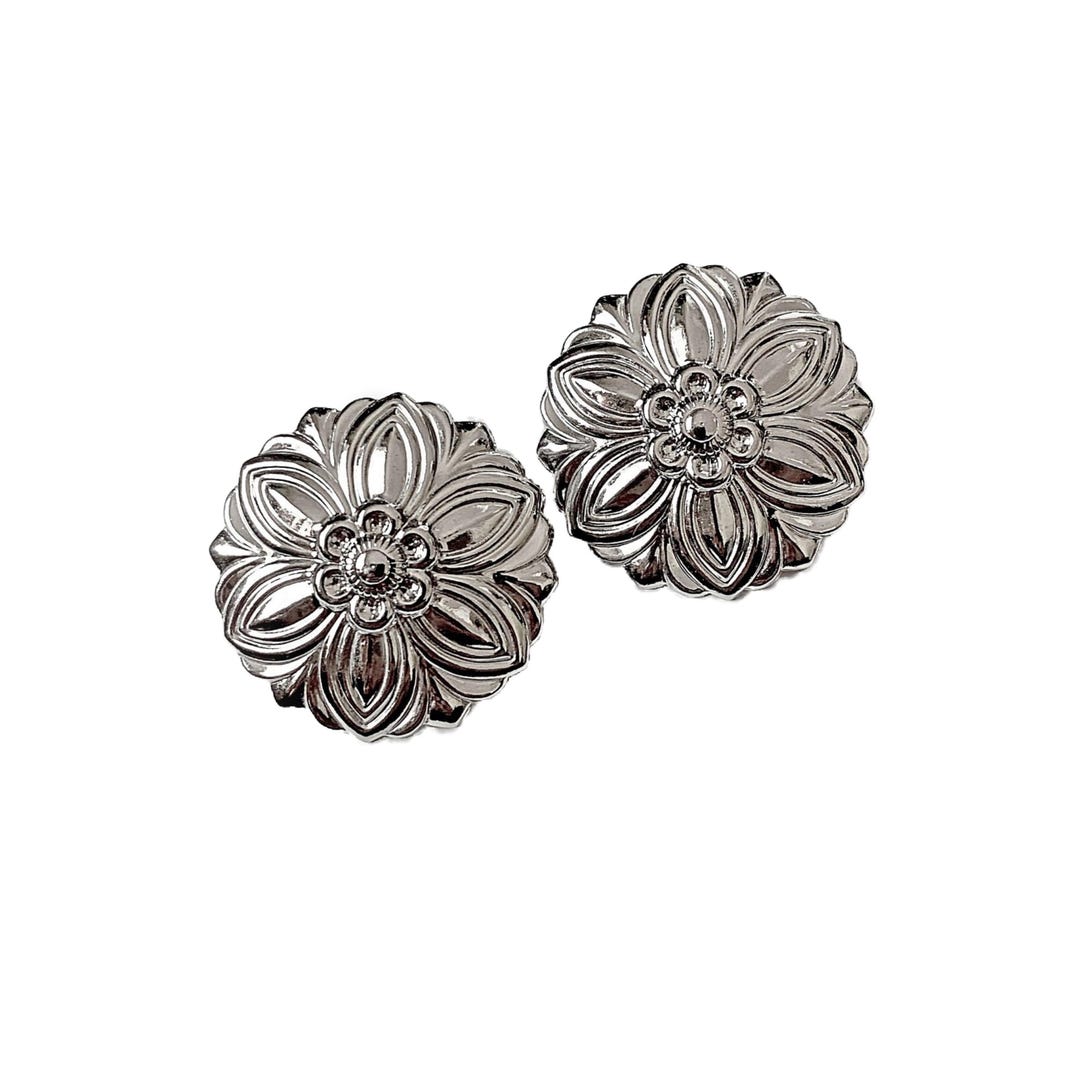 Vintage Silver Tone Flower Rose Clip Earrings