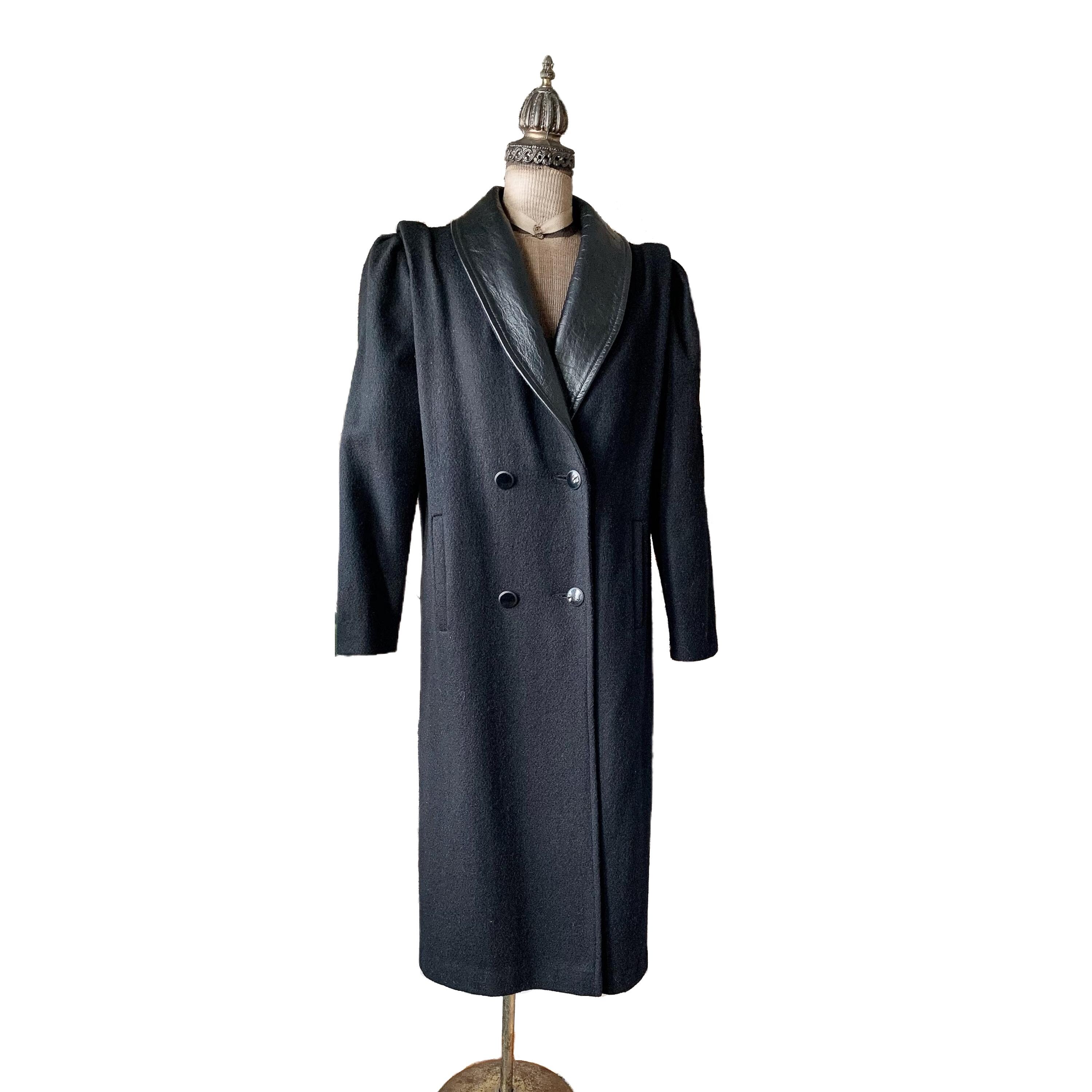 Vintage 1980s Jofeld USA Black Wool Coat With Leather Trim Vintage 1980s Jofeld USA Black Wool Coat With Leather Trim
