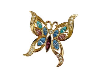 Broche vintage de mariposa con diamantes de imitación en azul, morado y blanco